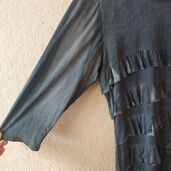 Vendana Blue Tie Dye Shift Dress Ruffles 3/4 Sleeves Sz Medium - Picture 2 of 9